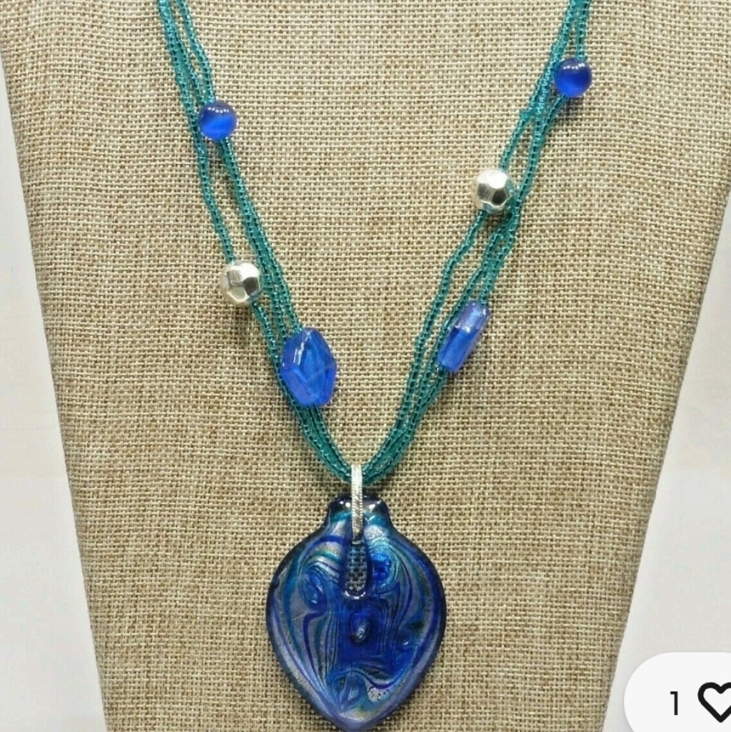 Erica Lyons Teal Multi-Strand Necklace With Blue Glass Heart Pendant 33$